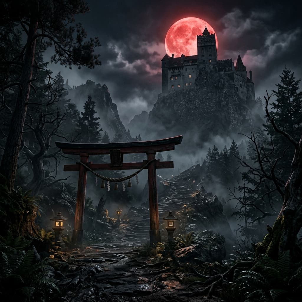 YomiVania Dark Fantasy Landscape - Samurai Torii Gate and Romania Gothic Castle by Alfagaming